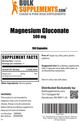 Photo of the BulkSupplements.com Magnesium Gluconate 500 mg label