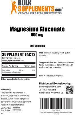 Photo of the BulkSupplements.com Magnesium Gluconate 500 mg label