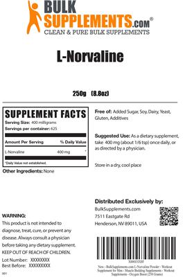 Photo of the BulkSupplements.com L-Norvaline label