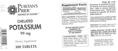Photo of the Puritan's Pride Chelated Potassium 99 mg label
