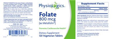 Photo of the PhysioLogics Folate 800 mcg As Metafolin label