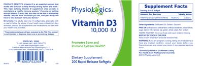 Photo of the PhysioLogics Vitamin D3 10,000 IU label