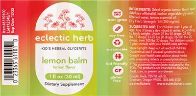 Photo of the Eclectic Herb Kid's Lemon Balm Lemon Flavor label
