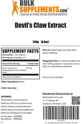 Photo of the BulkSupplements.com Devil's Claw Extract label