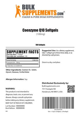 Photo of the BulkSupplements.com Coenzyme Q10 Softgels (100 mg) label
