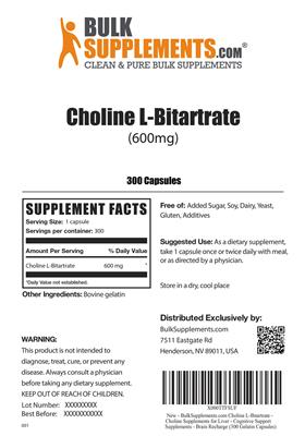 Photo of the BulkSupplements.com Choline L-Bitartrate (600 mg) label