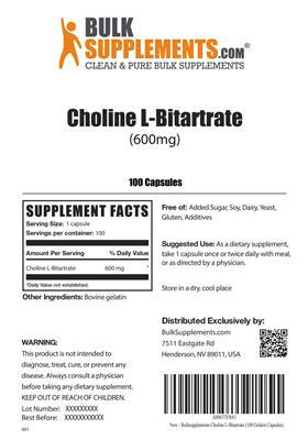 Photo of the BulkSupplements.com Choline L-Bitartrate (600 mg) label