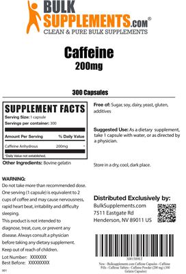 Photo of the BulkSupplements.com Caffeine 200 mg label