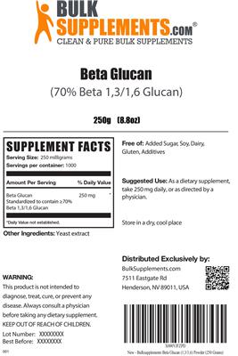 Photo of the BulkSupplements.com Beta Glucan (70% Beta 1,3/1,6 Glucan) label