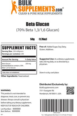 Photo of the BulkSupplements.com Beta Glucan (70% Beta 1,3/1,6 Glucan) label