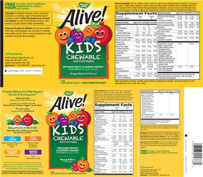 Photo of the Nature's Way Alive! Kids Chewable Multivitamin Orange & Berry Fruit Flavored label
