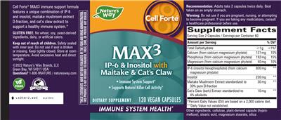 Photo of the Nature's Way Cell Forte Max3 IP-6 & Inositol With Maitake & Cat's Claw label