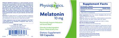 Photo of the PhysioLogics Melatonin 10 mg label