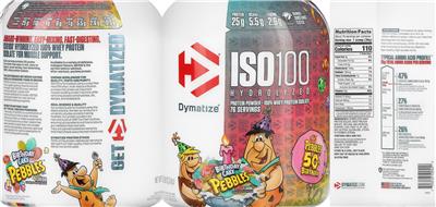 Photo of the Dymatize ISO100 Hydrolyzed Birthday Cake Pebbles label