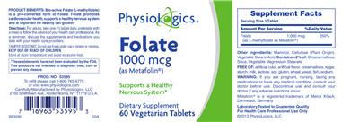 Photo of the PhysioLogics Folate 1000 mcg label