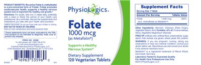 Photo of the PhysioLogics Folate 1000 mcg label