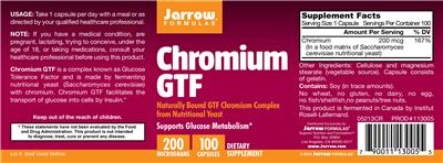 Photo of the Jarrow Formulas Chromium GTF 200 mcg label
