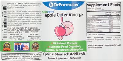 Photo of the DrFormulas Nexazyme Apple Cider Vinegar 1300 mg label