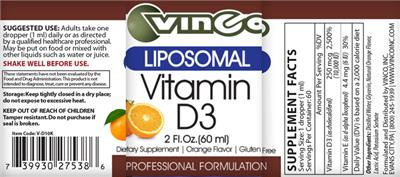 Photo of the Vinco Liposomal Vitamin D3 Orange Flavor label