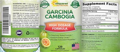 Photo of the aSquared Nutrition Garcinia Cambogia label