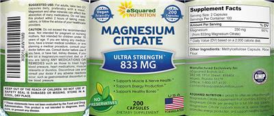 Photo of the aSquared Nutrition Magnesium Citrate 833 mg label