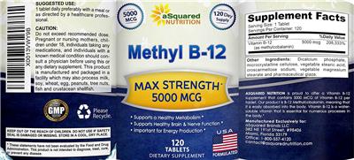 Photo of the aSquared Nutrition Methyl B-12 5000 mcg label