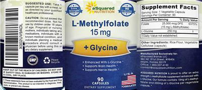 Photo of the aSquared Nutrition L-Methylfolate 15 mg + Glycine label