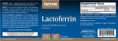 Photo of the Jarrow Formulas Lactoferrin 250 mg label