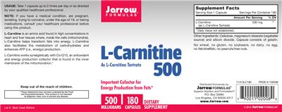Photo of the Jarrow Formulas L-Carnitine 500 mg label