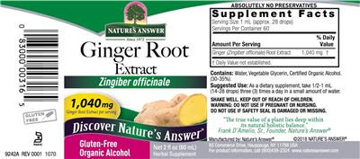 Photo of the Nature's Answer Ginger Root Extract 1,040 mg label