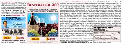 Photo of the ProCaps Laboratories Resveratrol-200 label