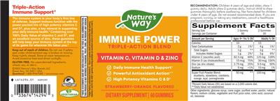 Photo of the Nature's Way Immune Power Gummies Strawberry-Orange Flavored label