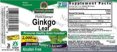 Photo of the Nature's Answer Ginkgo Leaf 2,000 mg Alcohol-Free label