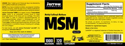 Photo of the Jarrow Formulas MSM 1000 mg label