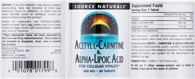 Acetyl L-Carnitine & Alpha-Lipoic Acid 650 mg