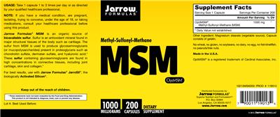 Photo of the Jarrow Formulas MSM 1000 mg label