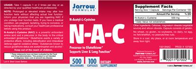 Photo of the Jarrow Formulas N-A-C 500 mg label