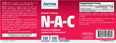 Photo of the Jarrow Formulas N-A-C 500 mg label