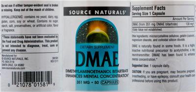 Photo of the Source Naturals DMAE 351 mg label
