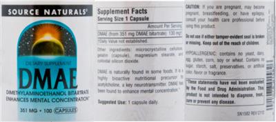 Photo of the Source Naturals DMAE 351 mg label