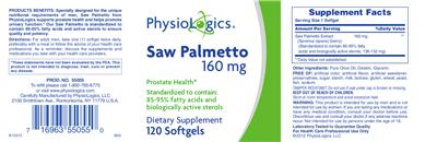 Photo of the PhysioLogics Saw Palmetto 160 mg label