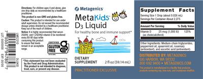 Photo of the Metagenics MetaKids D3 Liquid label