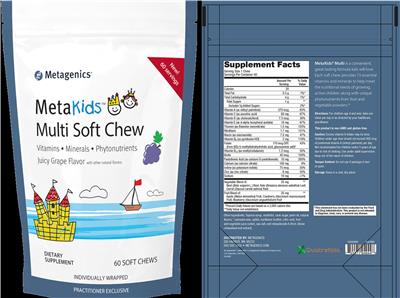 Photo of the Metagenics MetaKids Multi Soft Chew Juicy Grape Flavor label