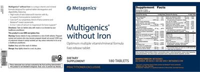 Photo of the Metagenics Multigenics without Iron label
