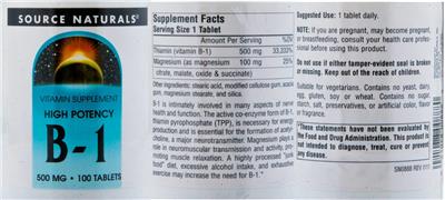 Photo of the Source Naturals High Potency B-1 500 mg label