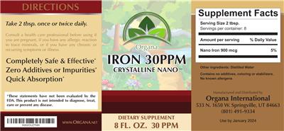 Photo of the Organa Crystalline Nano Iron 30 ppm label
