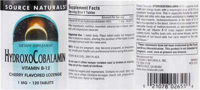 Photo of the Source Naturals HydroxoCobalamin 1 mg Cherry Flavored label