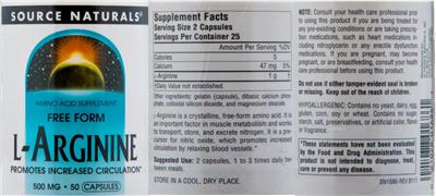Photo of the Source Naturals L-Arginine 500 mg label