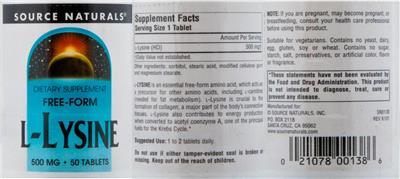 Photo of the Source Naturals L-Lysine 500 mg label