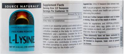 Photo of the Source Naturals L-Lysine Powder label